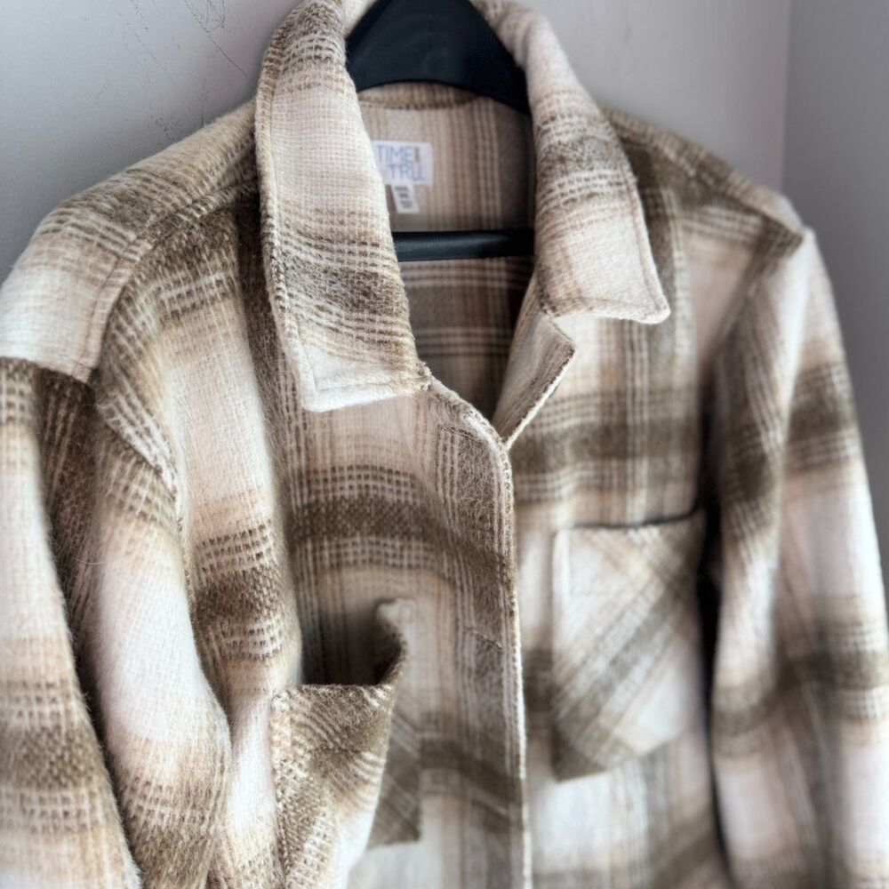Time and Tru Women's 3X (22) Brown Cream Plaid Shacket Jacket Fall Plus Size